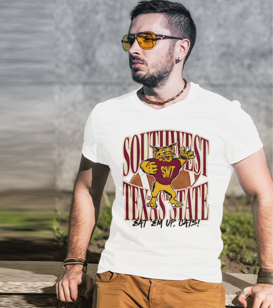 Southwest Texas State SWT 1990s Eat Em Up Cats Mascot Football T-Shirt