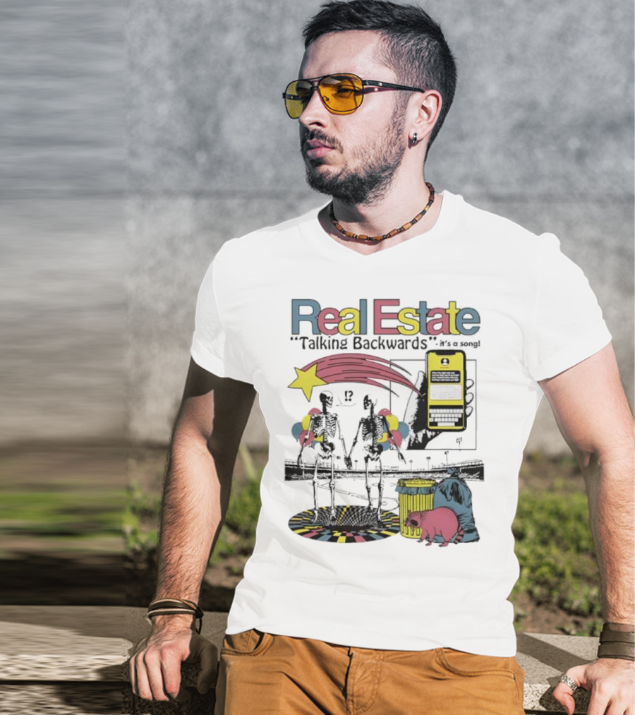 Real Estate Talking Backwards Song Star Phone Trash Can Raccoon T-Shirt