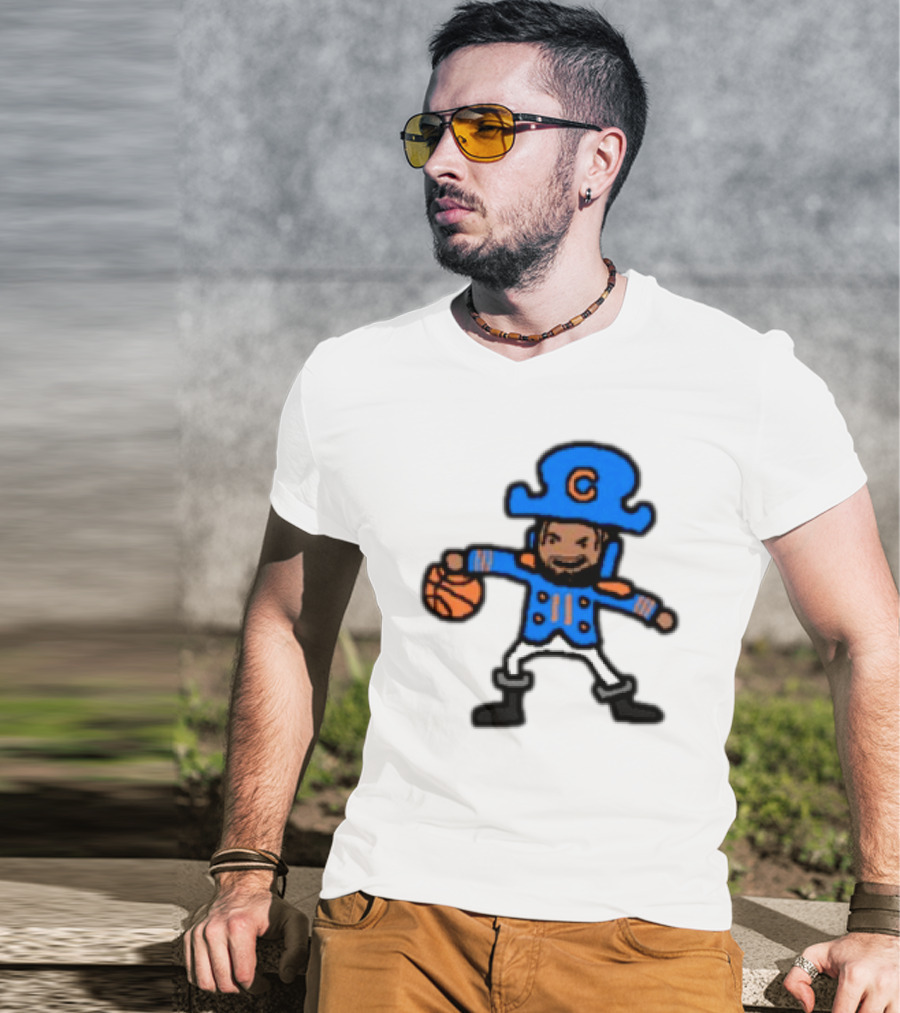 Captain Clutch Basketball Cartoon Character Blue Hat And Jacket T-Shirt