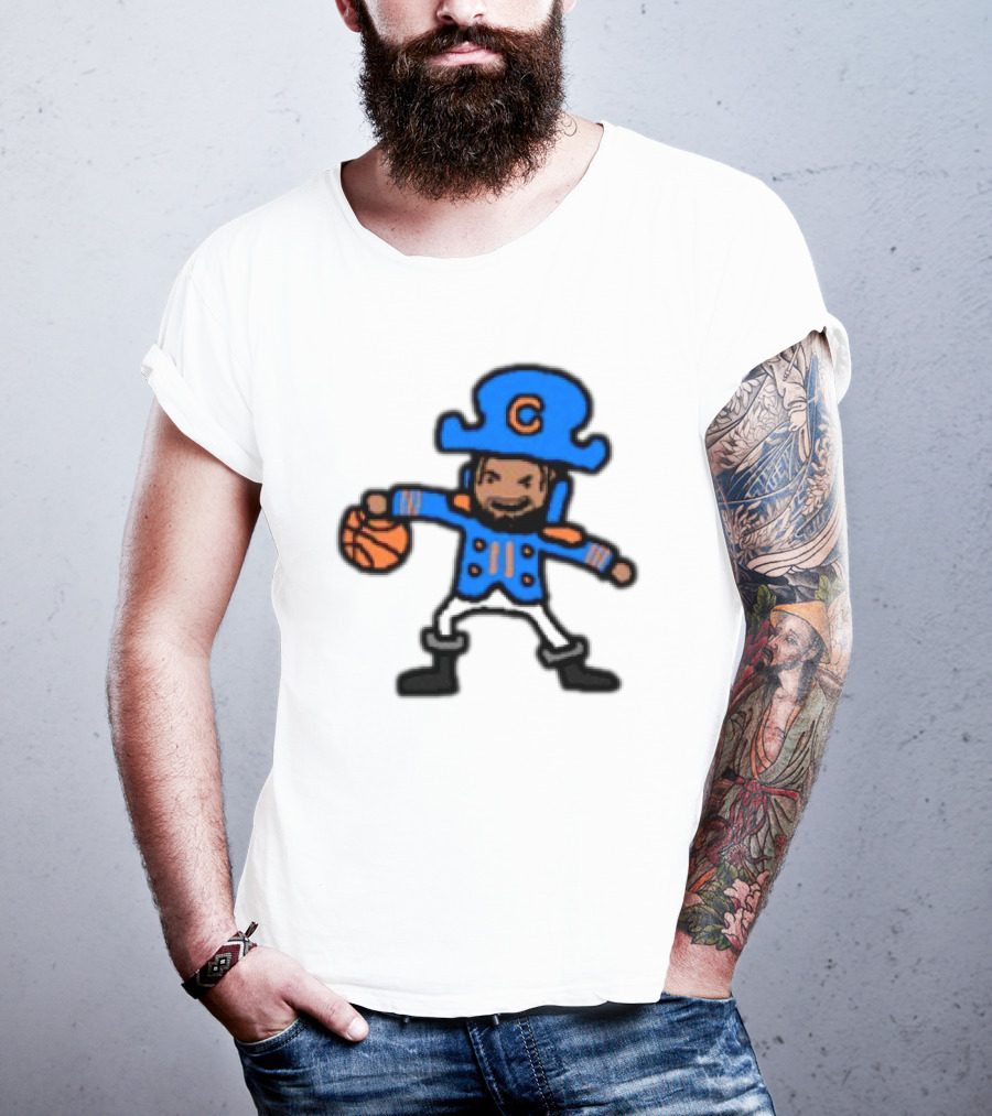 Captain Clutch Basketball Cartoon Character Blue Hat And Jacket T-Shirt