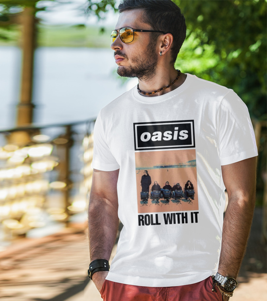 Oasis Roll With It Single Beach Scene Retro Style T-Shirt