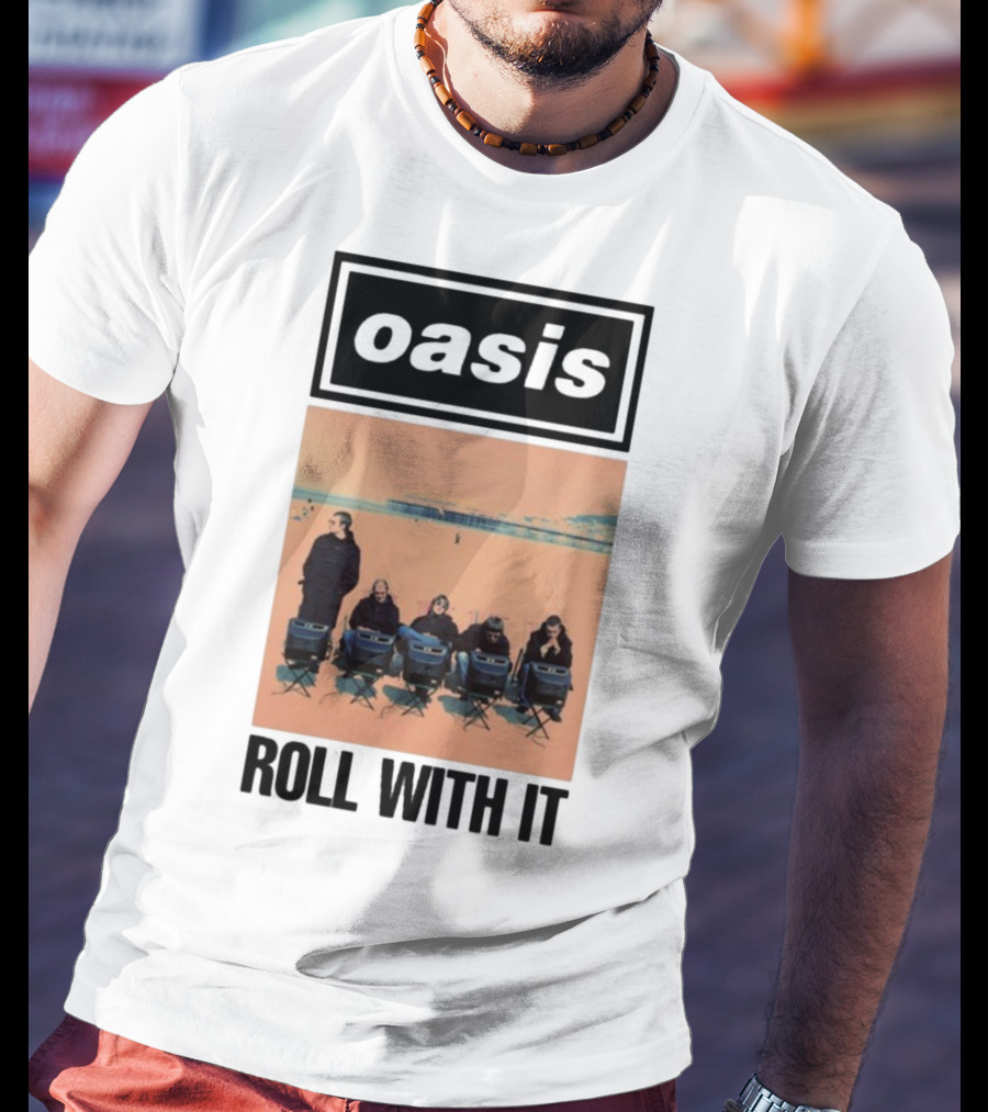 Oasis Roll With It Single Beach Scene Retro Style T-Shirt