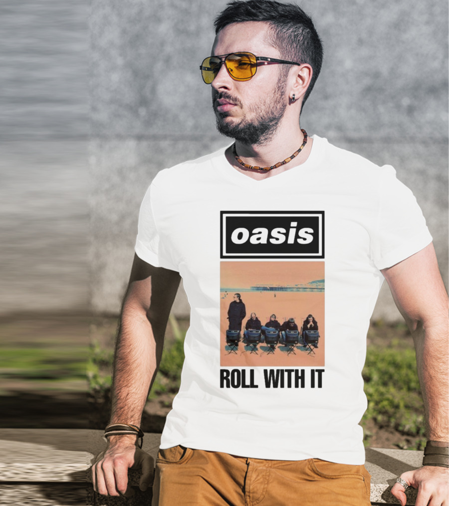 Oasis Roll With It Single Beach Scene Retro Style T-Shirt
