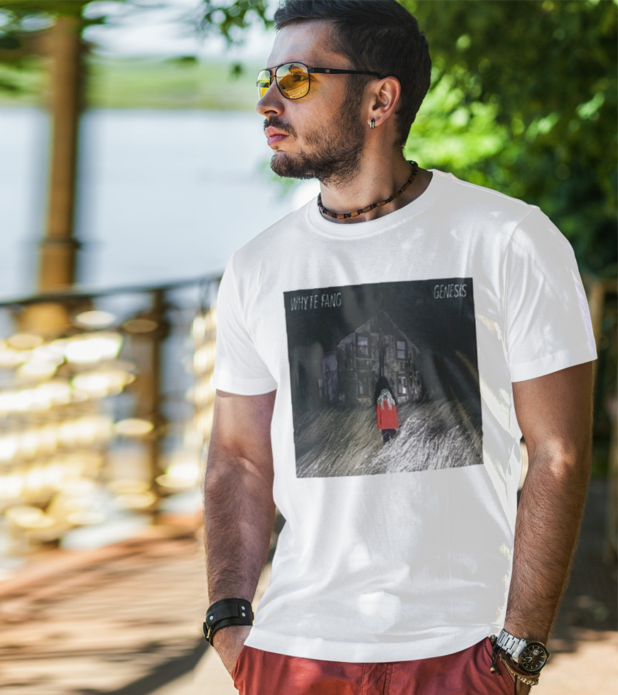Whyte Fang Genesis Album Cover Creepy House And Figure In Red Jacket T-Shirt