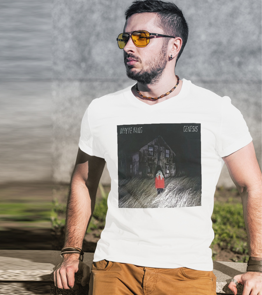 Whyte Fang Genesis Album Cover Creepy House And Figure In Red Jacket T-Shirt