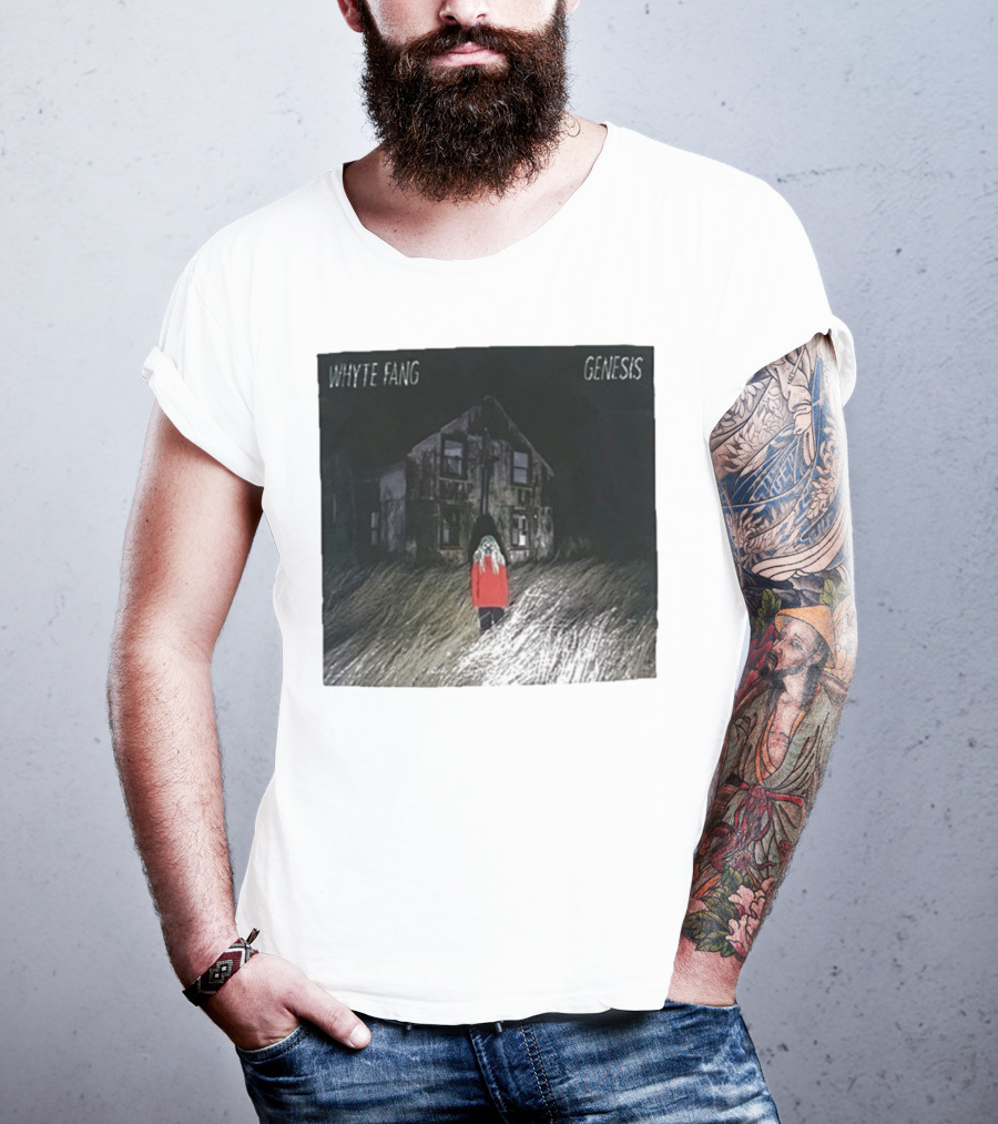 Whyte Fang Genesis Album Cover Creepy House And Figure In Red Jacket T-Shirt