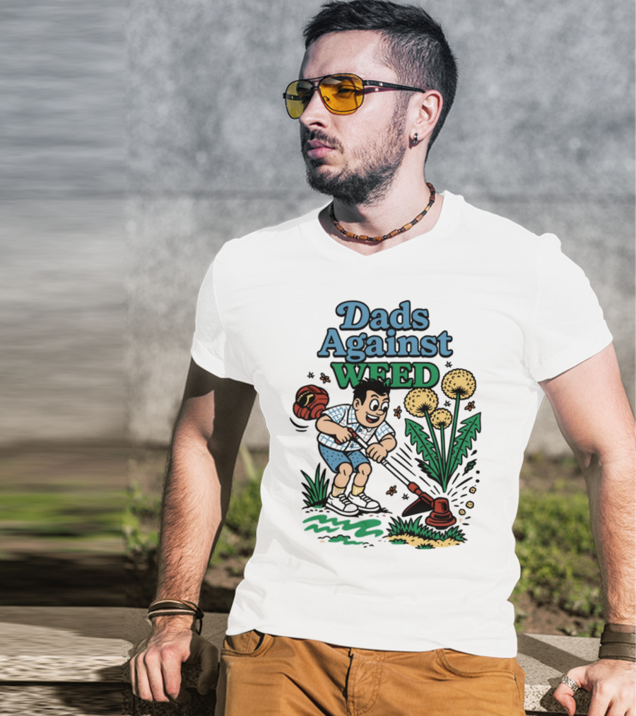 Dads Against Weed Cartoon Boy And Dandelions Gardening Style T-Shirt