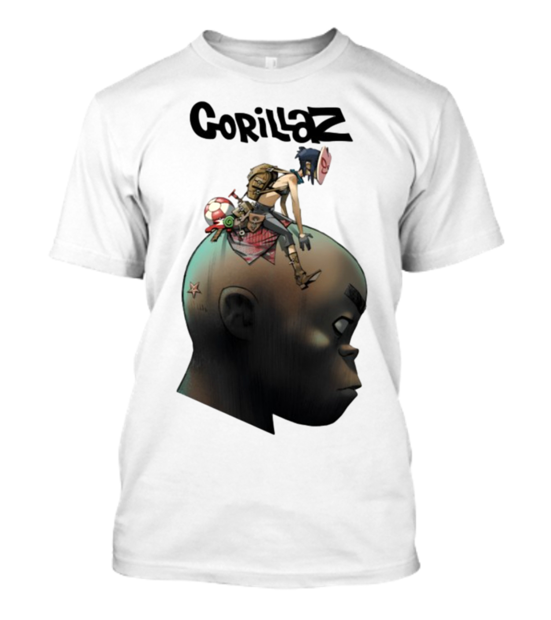 Gorillaz Plastic Beach Character Illustration With Noodle Sitting On Giant Head T-Shirt
