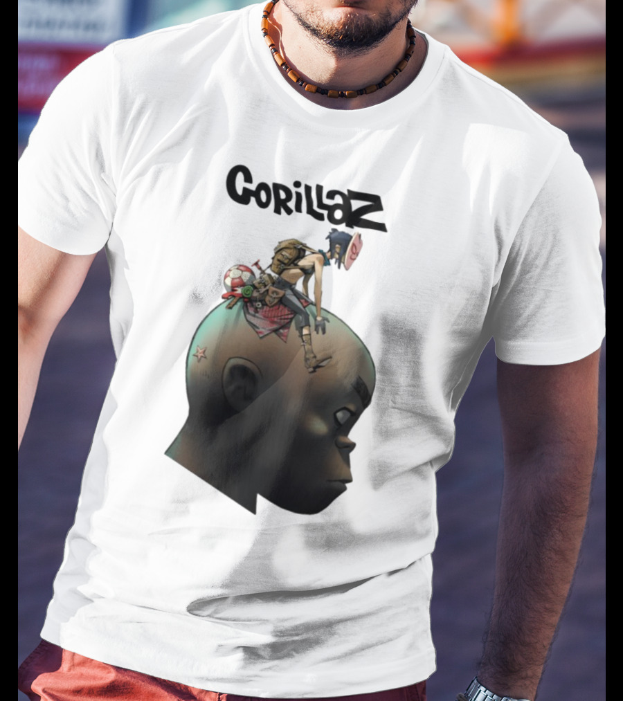 Gorillaz Plastic Beach Character Illustration With Noodle Sitting On Giant Head T-Shirt