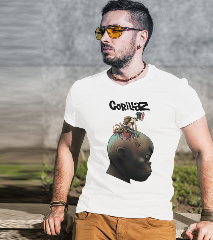 Gorillaz Plastic Beach Character Illustration With Noodle Sitting On Giant Head T-Shirt