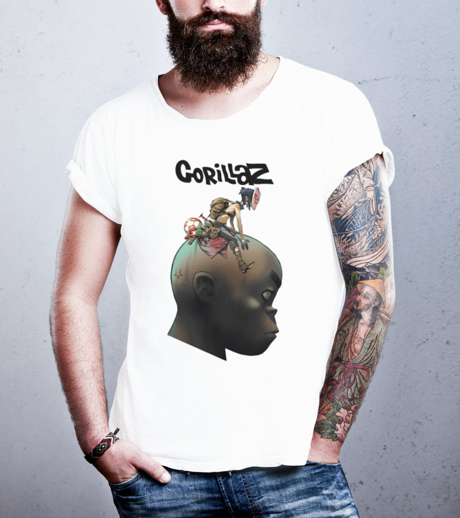 Gorillaz Plastic Beach Character Illustration With Noodle Sitting On Giant Head T-Shirt