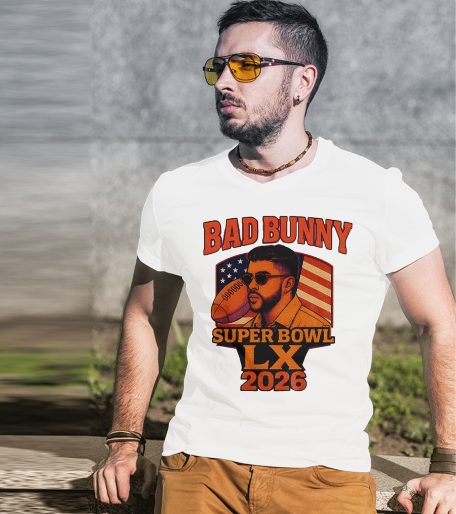 Bad Bunny Super Bowl LX 2026 American Flag Football Graphic T-Shirt