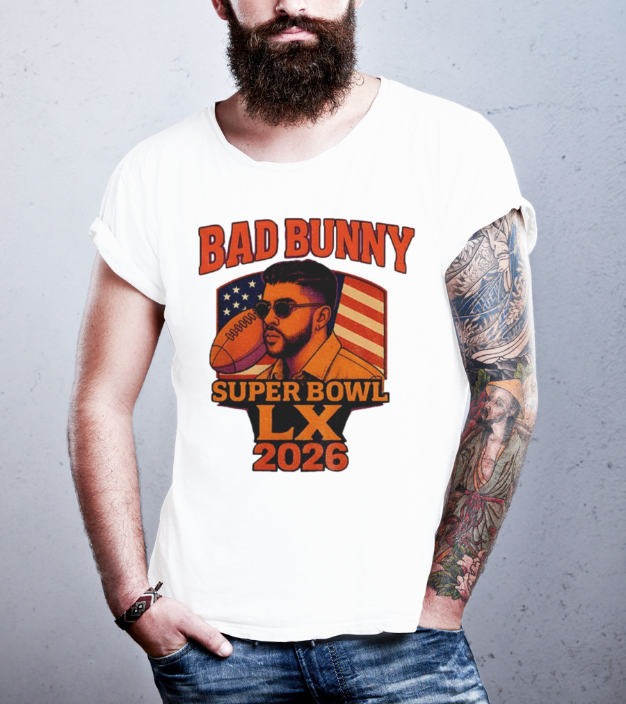 Bad Bunny Super Bowl LX 2026 American Flag Football Graphic T-Shirt
