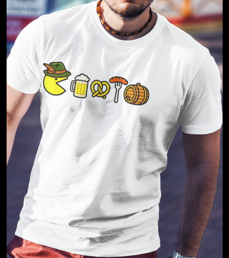 Pac-Man Oktoberfest Beer Pretzel Sausage Barrel Icons T-Shirt