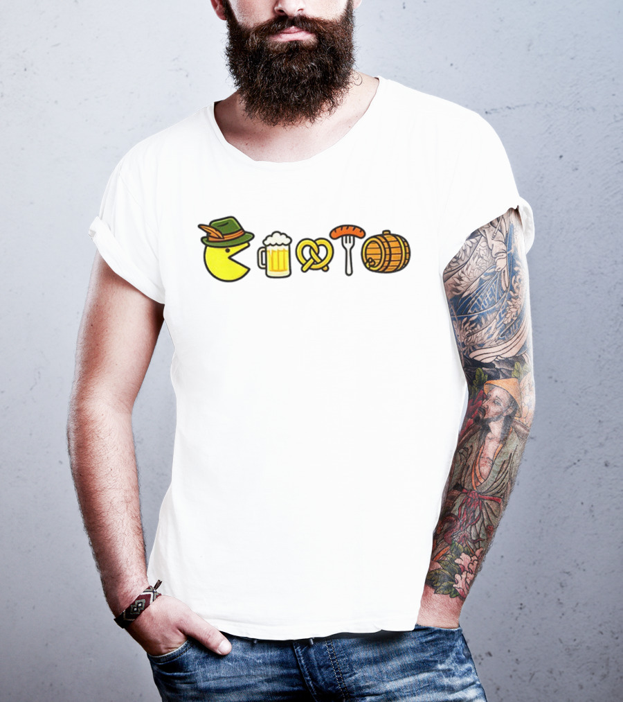 Pac-Man Oktoberfest Beer Pretzel Sausage Barrel Icons T-Shirt