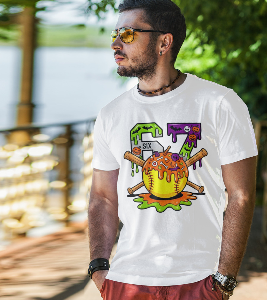 Halloween Softball 67 Six Seven Dripping Bats Pumpkins Bones Skull T-Shirt