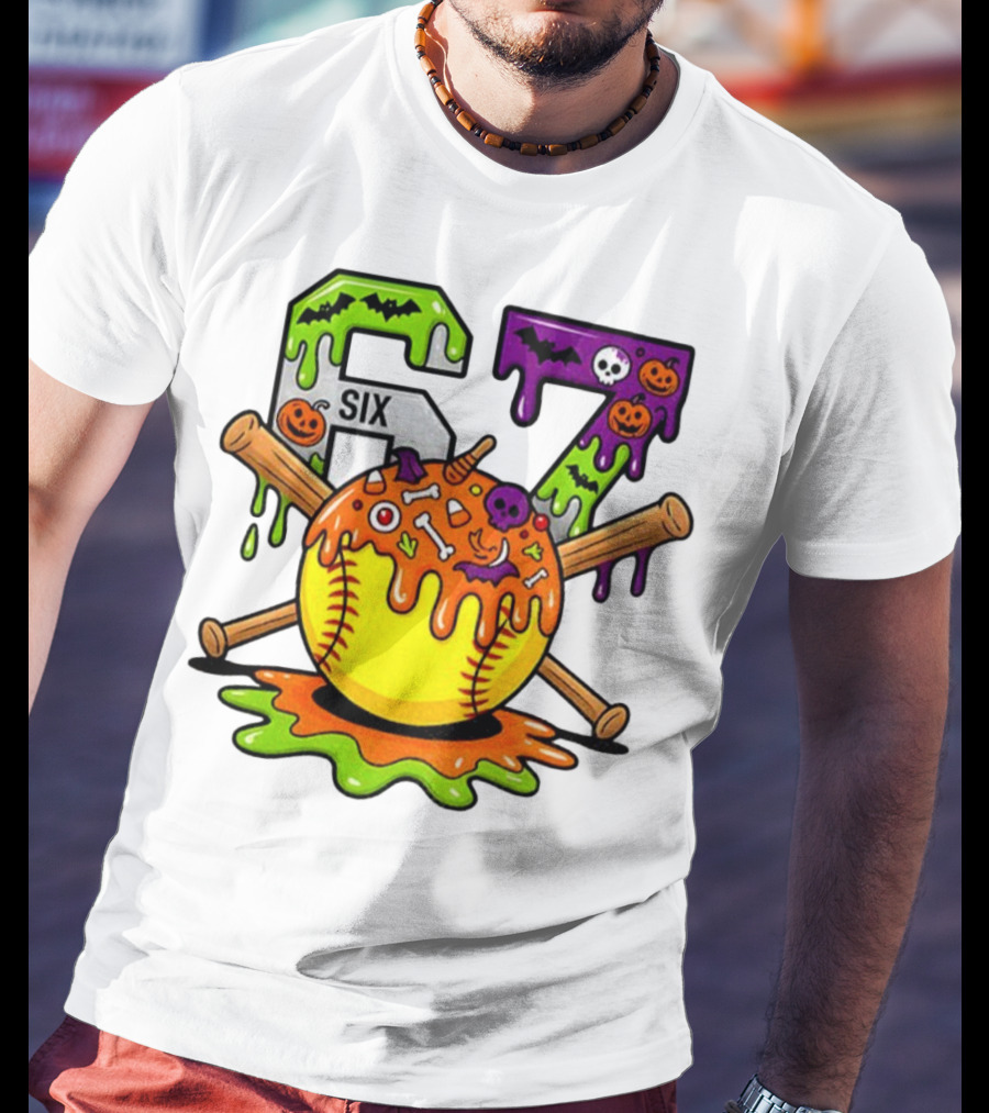 Halloween Softball 67 Six Seven Dripping Bats Pumpkins Bones Skull T-Shirt