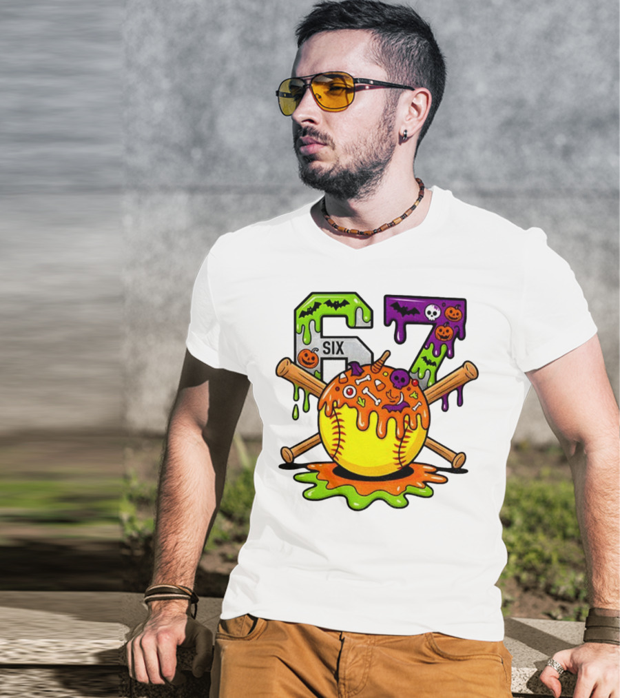 Halloween Softball 67 Six Seven Dripping Bats Pumpkins Bones Skull T-Shirt