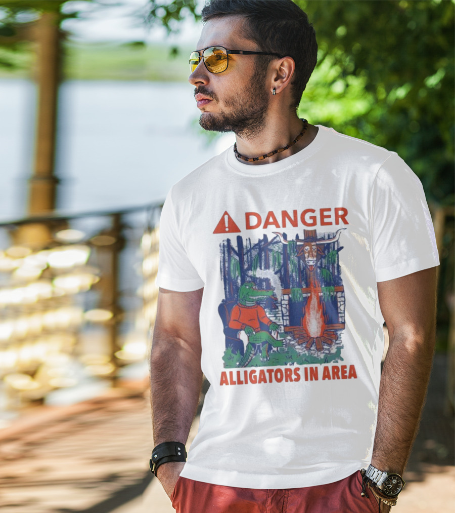 Danger Alligators In Area Florida Gators Texas Longhorns Campfire Warning T-Shirt