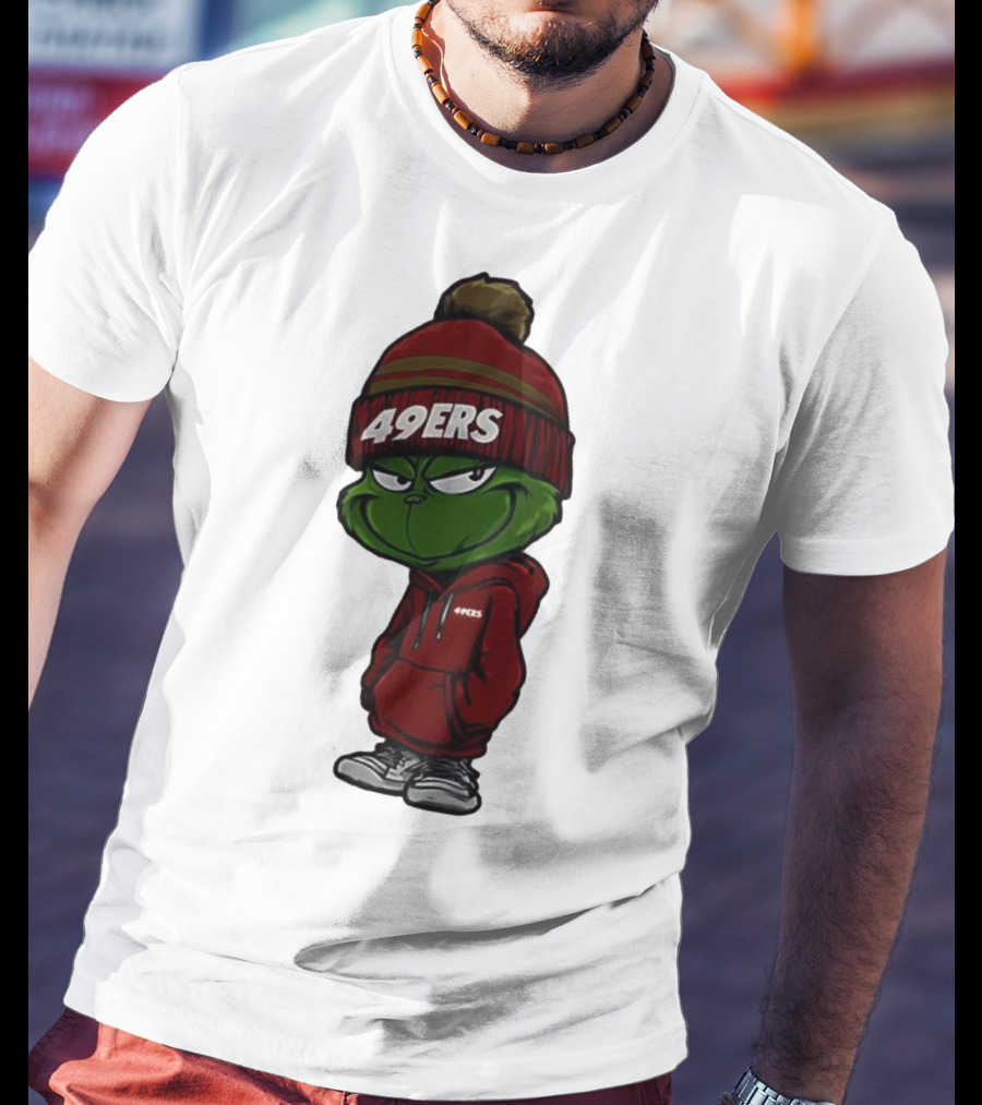 Grinch Wearing 49ers Beanie And San Francisco Football Crossover T-Shirt