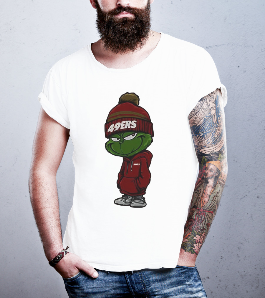 Grinch Wearing 49ers Beanie And San Francisco Football Crossover T-Shirt