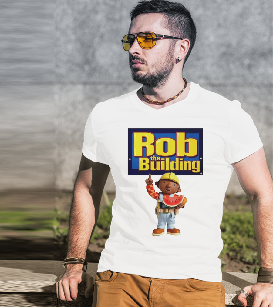 Rob The Building Cartoon Construction Character Eating Watermelon T-Shirt