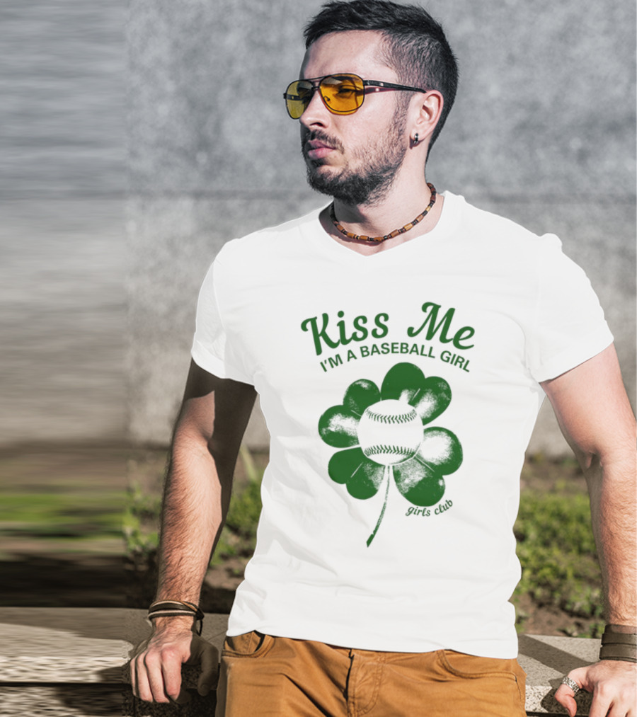 Kiss Me I'm A Baseball Girl Four Leaf Clover Stitch Lines T-Shirt