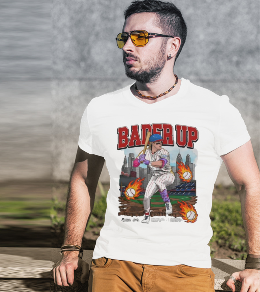 Bader Up Baseball Player Philadelphia Skyline And Flaming Baseballs T-Shirt