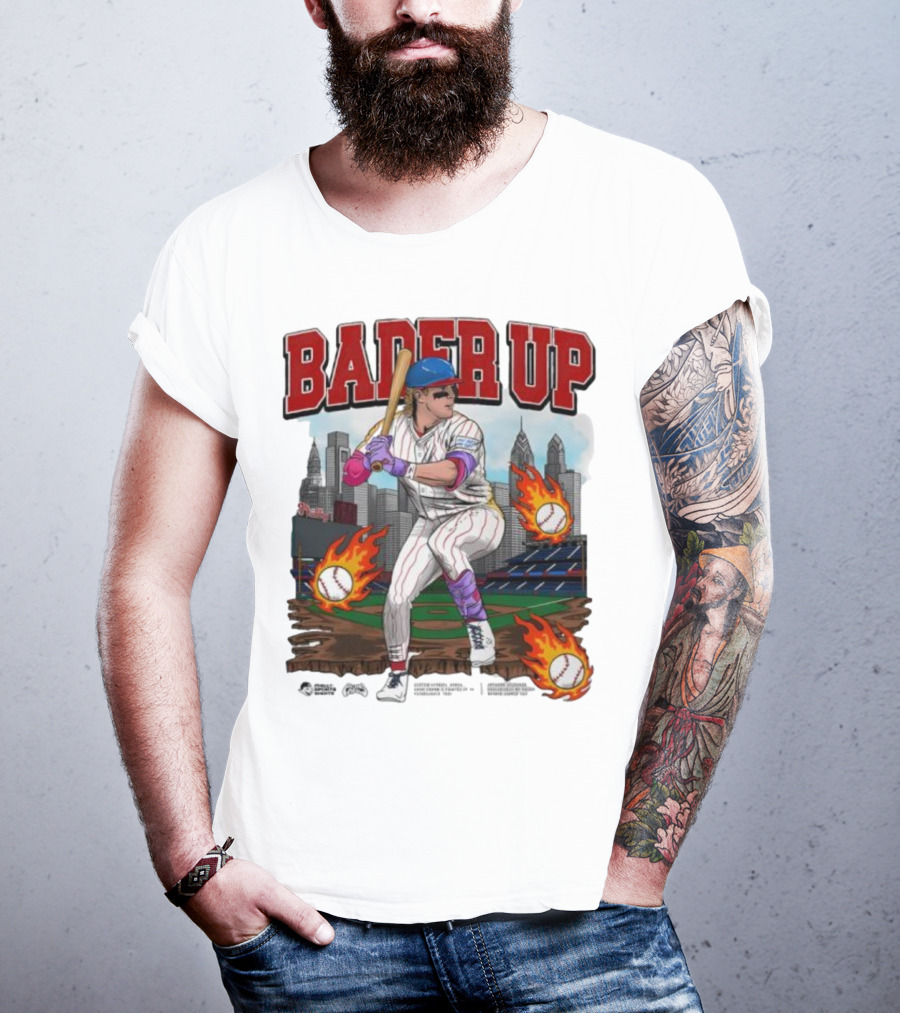 Bader Up Baseball Player Philadelphia Skyline And Flaming Baseballs T-Shirt