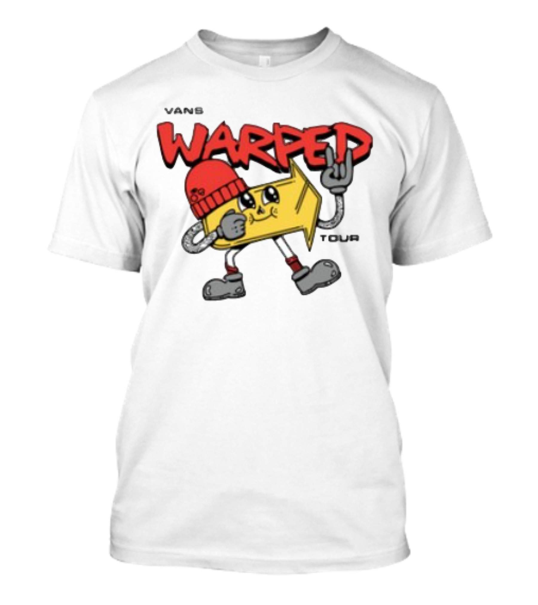 Vans Warped Tour Yellow Arrow Mascot With Red Beanie And Rock Gesture T-Shirt