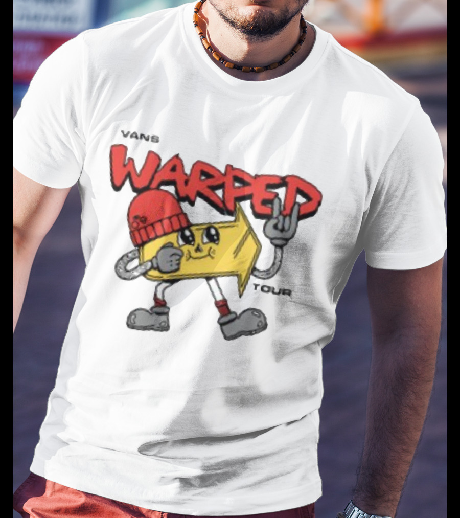 Vans Warped Tour Yellow Arrow Mascot With Red Beanie And Rock Gesture T-Shirt