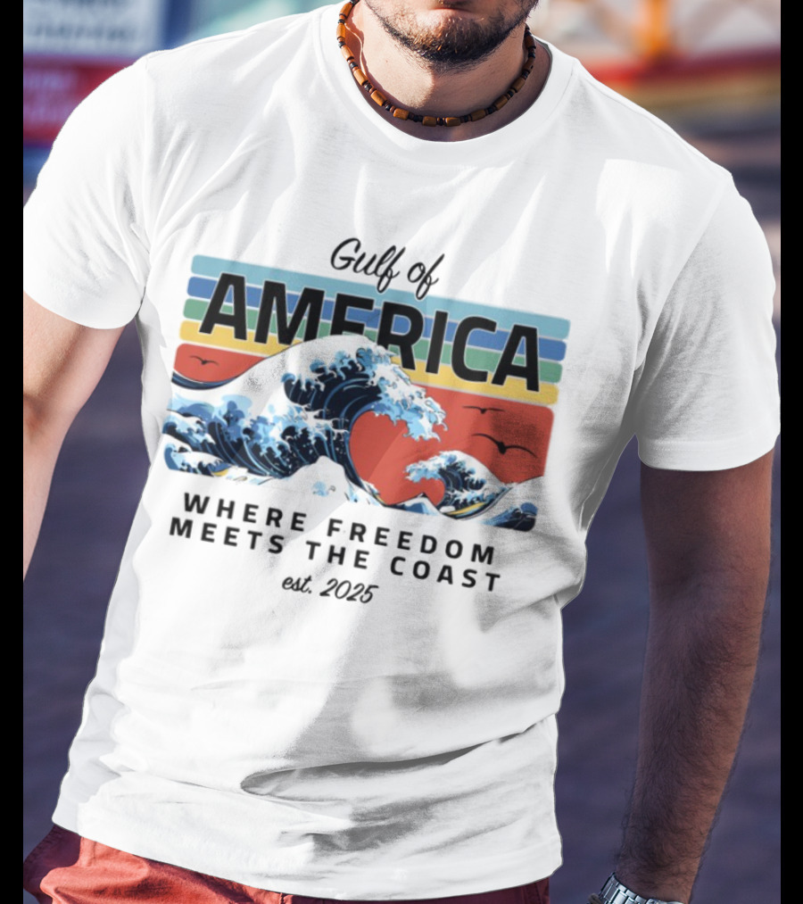 Gulf Of America Where Freedom Meets The Coast Est. 2025 Waves And Sunset Scene T-Shirt