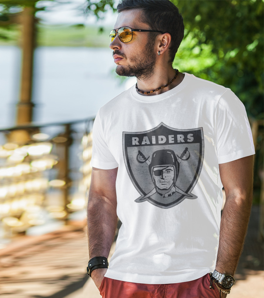 Raiders NFL Football Shield Patch Logo Silver And Black T-Shirt