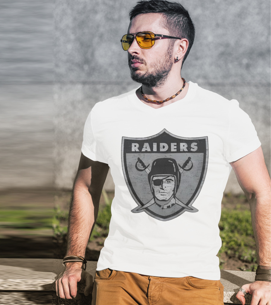 Raiders NFL Football Shield Patch Logo Silver And Black T-Shirt
