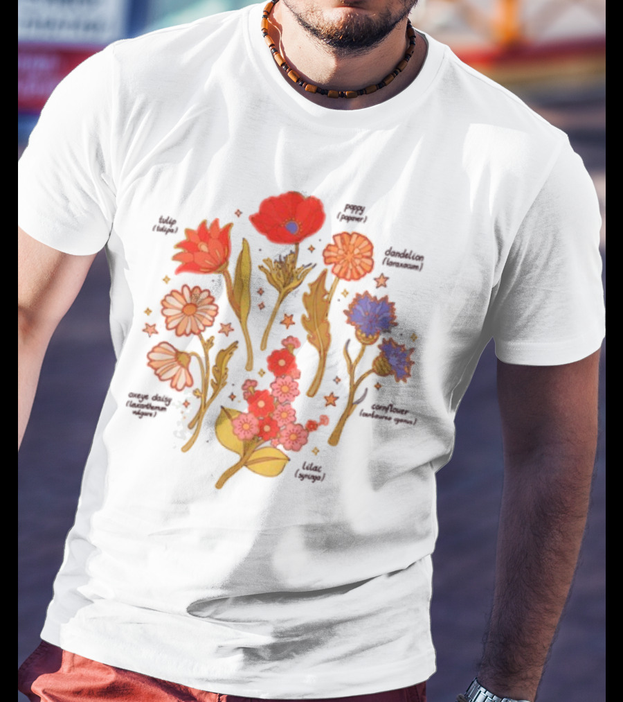 Botanical Revival Tulip Poppy Daisy Cosmos Lavender Floral Arrangement T-Shirt