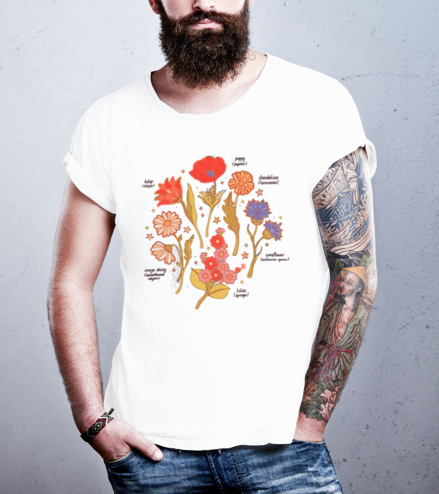 Botanical Revival Tulip Poppy Daisy Cosmos Lavender Floral Arrangement T-Shirt