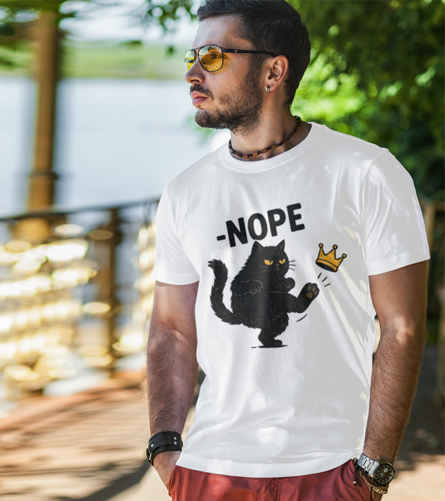 Nope Black Cat Kicking Crown Anti-Trump No Kings In America T-Shirt