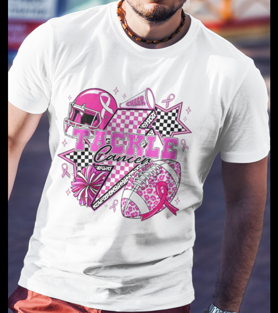 Pink Football Tackle Cancer Cheer Breast Cancer Awareness Ribbons T-Shirt