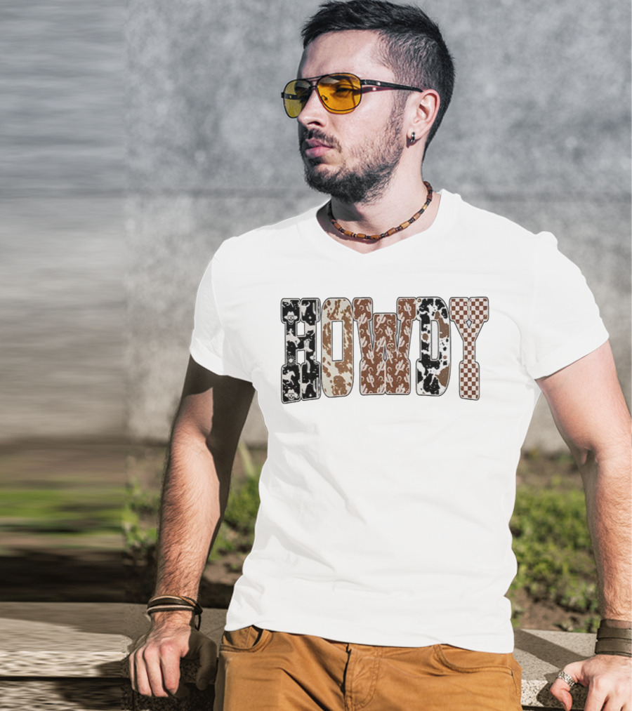 Western Ghost Howdy Cowboy Checkered Halloween Letters T-Shirt