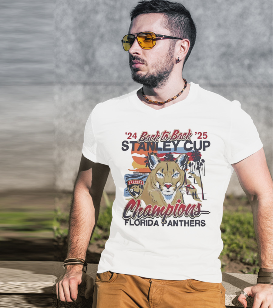 Florida Panthers Back To Back 2024 2025 Stanley Cup Champions Sunset Franklin T-Shirt