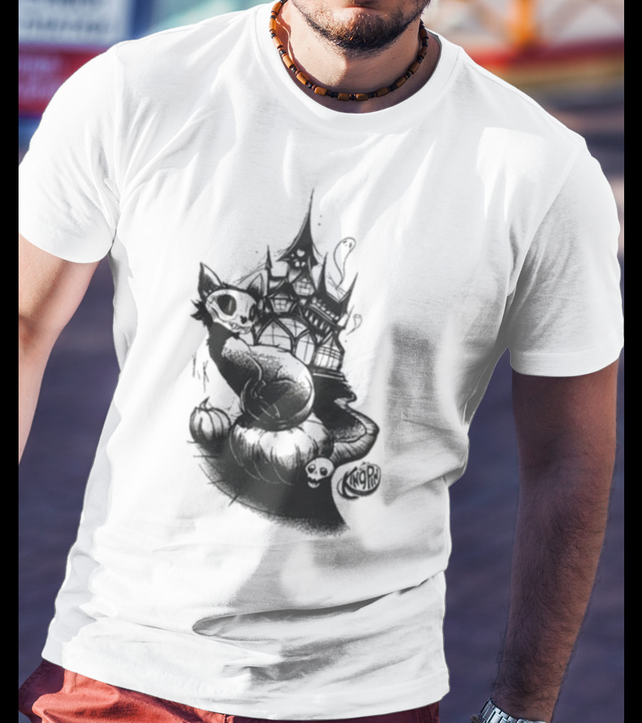 Kingpin Skelecat Haunt By Kellan Horner Ghostly Cat With Crown And Smoke T-Shirt