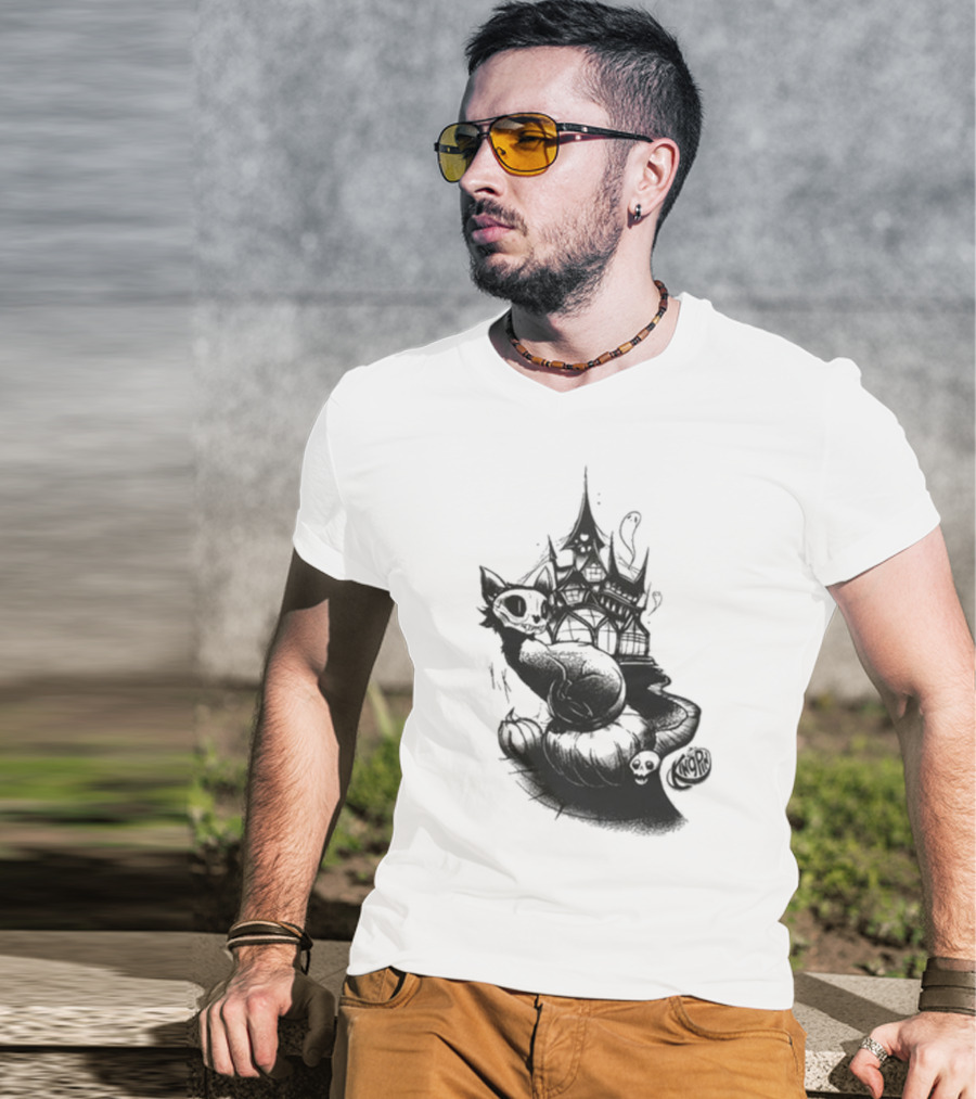 Kingpin Skelecat Haunt By Kellan Horner Ghostly Cat With Crown And Smoke T-Shirt