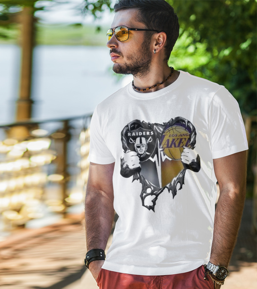 Las Vegas Raiders Los Angeles Lakers Heart Design T-Shirt