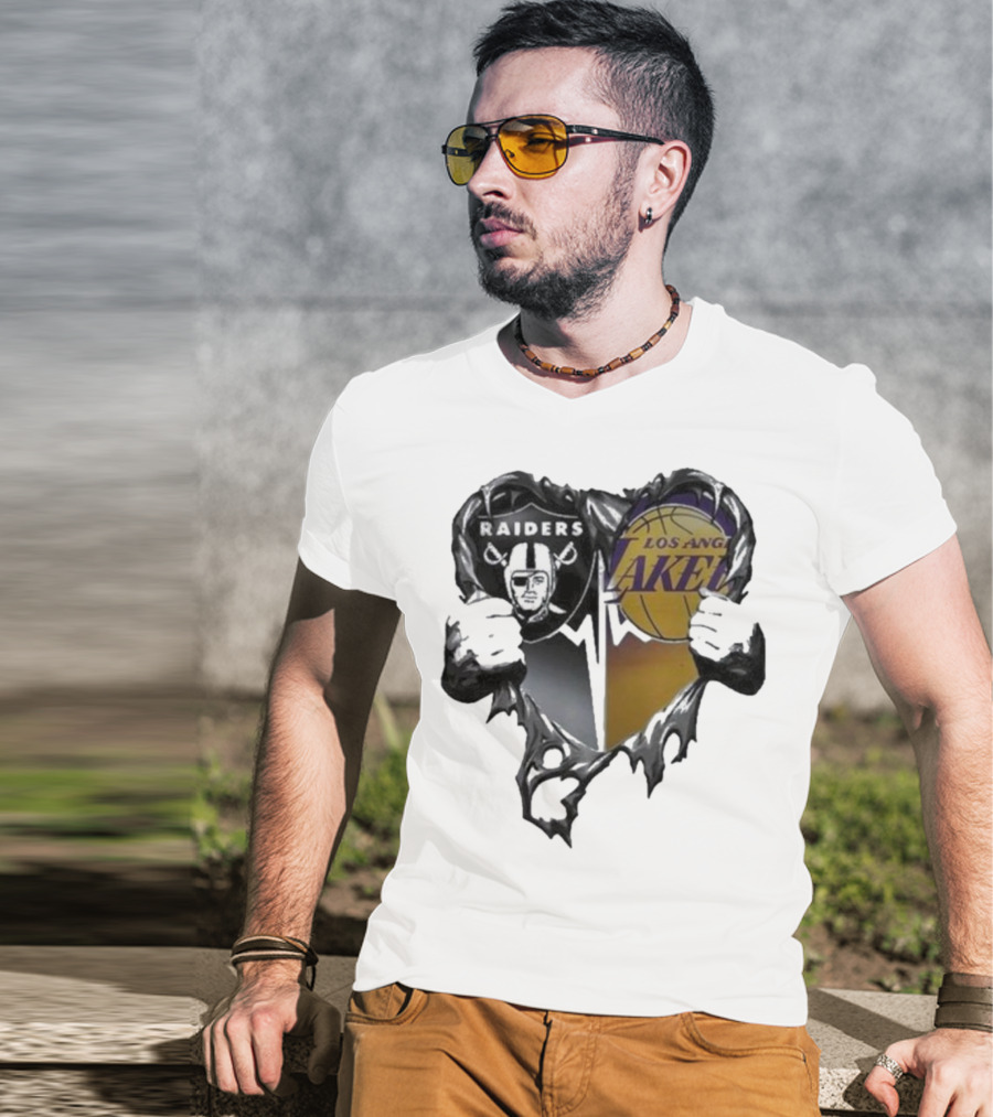 Las Vegas Raiders Los Angeles Lakers Heart Design T-Shirt