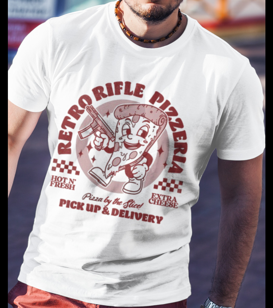 Retro Rifle Pizzeria Pick Up And Delivery Hot N Fresh Extra Cheese Pizza By The Slice T-Shirt
