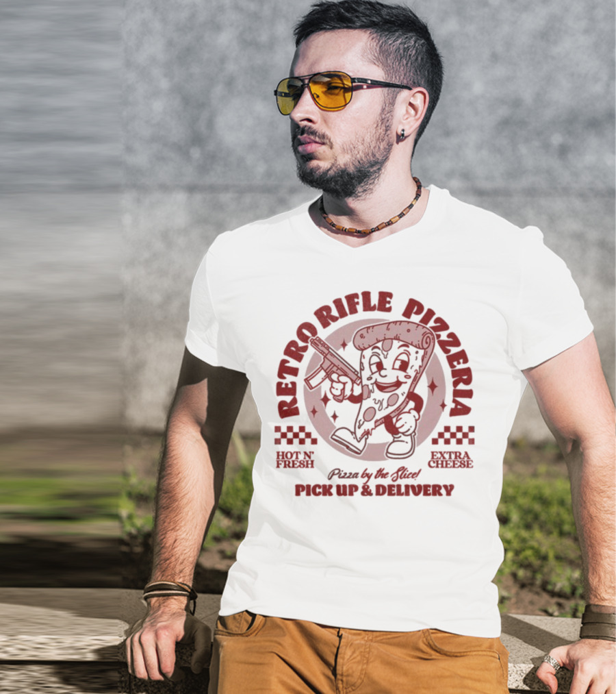 Retro Rifle Pizzeria Pick Up And Delivery Hot N Fresh Extra Cheese Pizza By The Slice T-Shirt