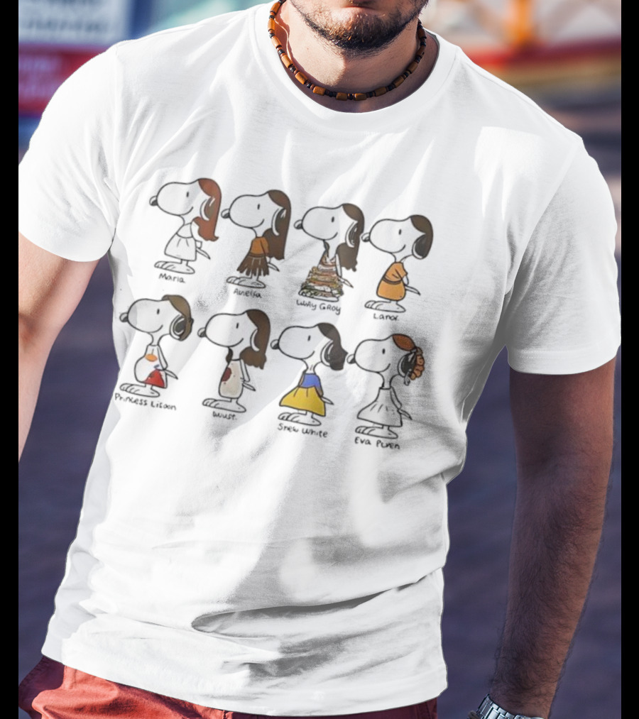 Snoopy Belle Mulan Cinderella Jasmine Ariel Pocahontas Snow White Tiana Princess Parody T-Shirt