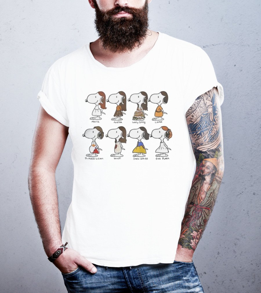 Snoopy Belle Mulan Cinderella Jasmine Ariel Pocahontas Snow White Tiana Princess Parody T-Shirt