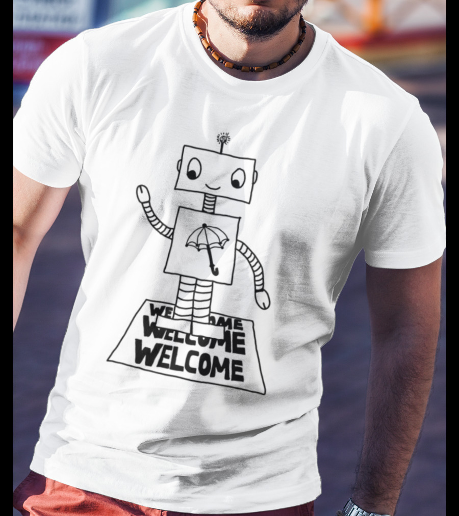 Robot Welcome Friendly Waving With Umbrella T-Shirt