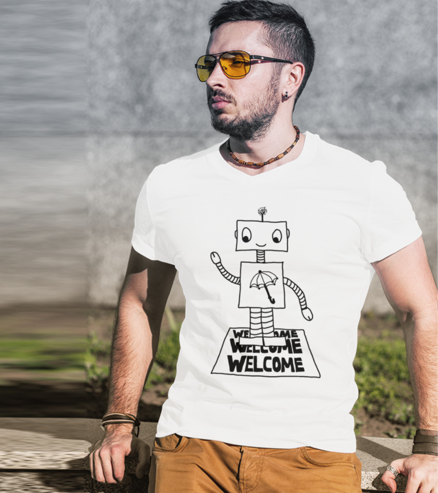 Robot Welcome Friendly Waving With Umbrella T-Shirt